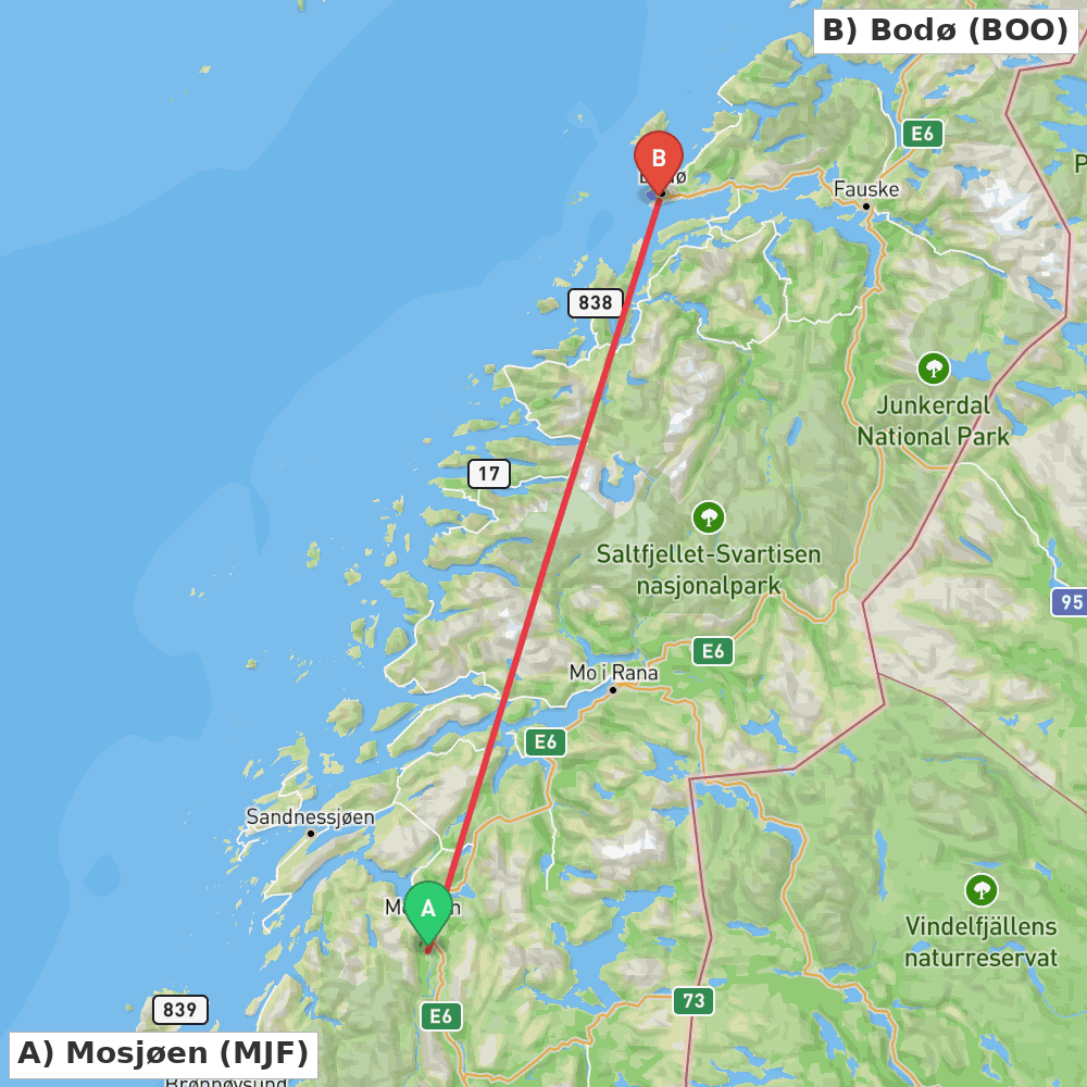 Flight route map from Mosjøen to Bodø