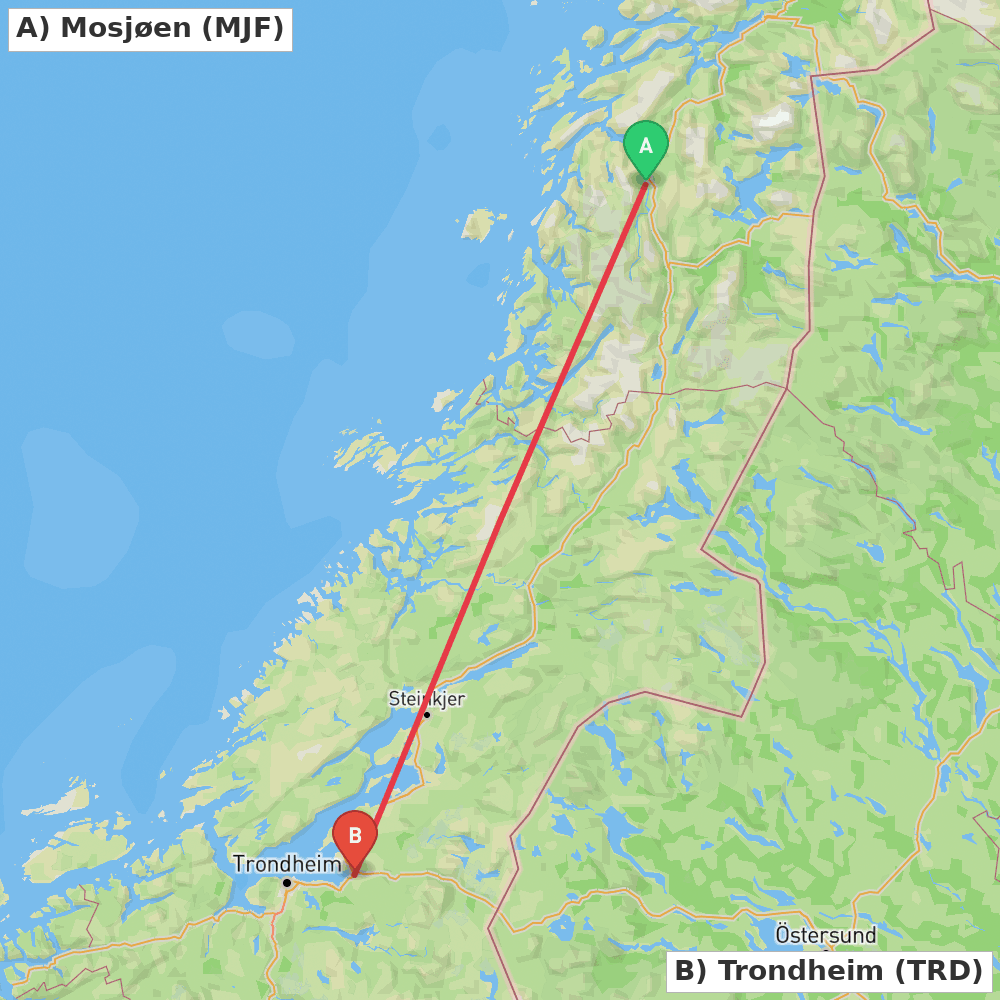 Flight route map from Mosjøen to Trondheim