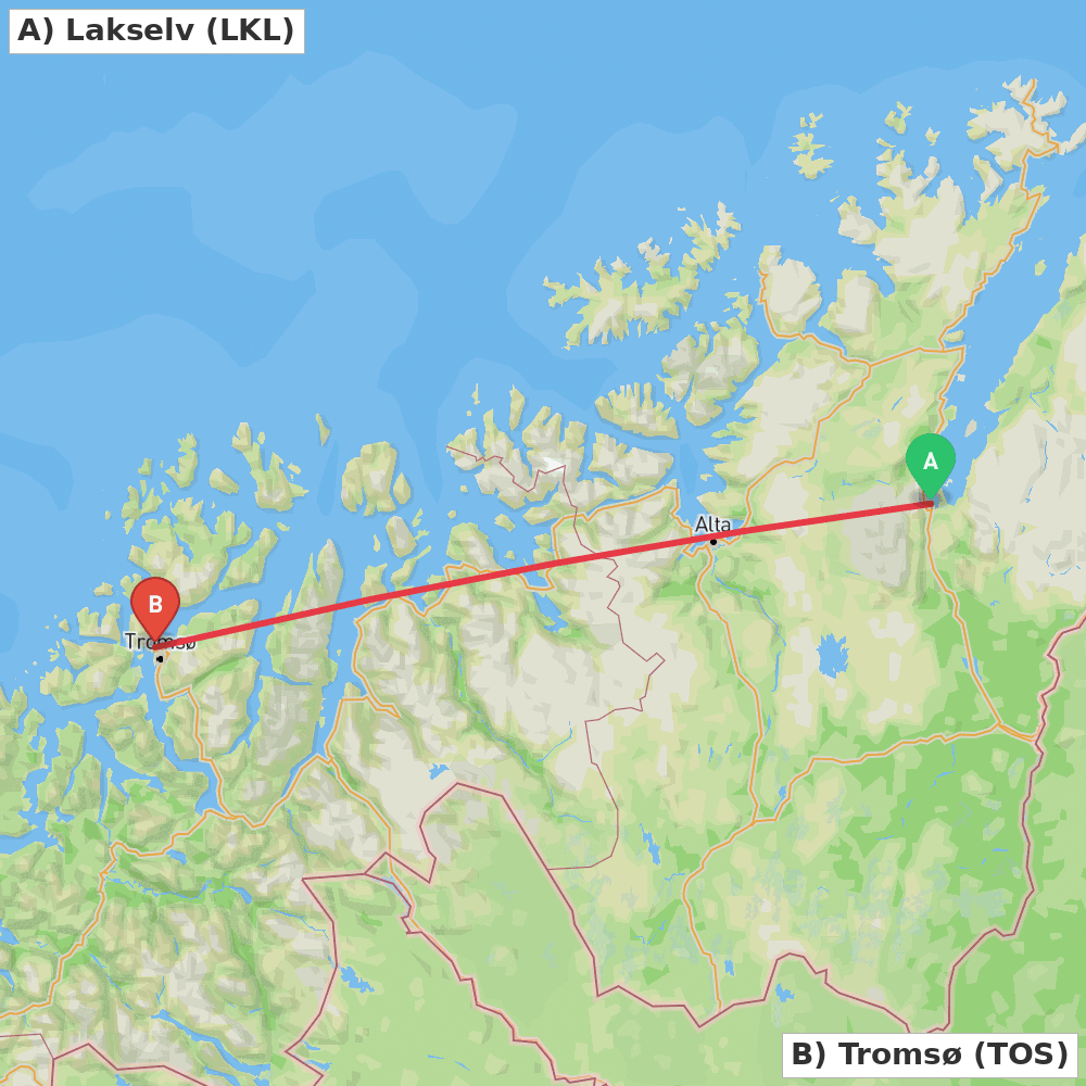 Flight route map from Lakselv to Tromsø