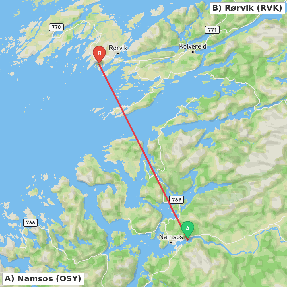 Flight route map from Namsos to Rørvik