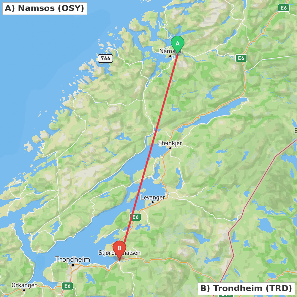 Flight route map from Namsos to Trondheim