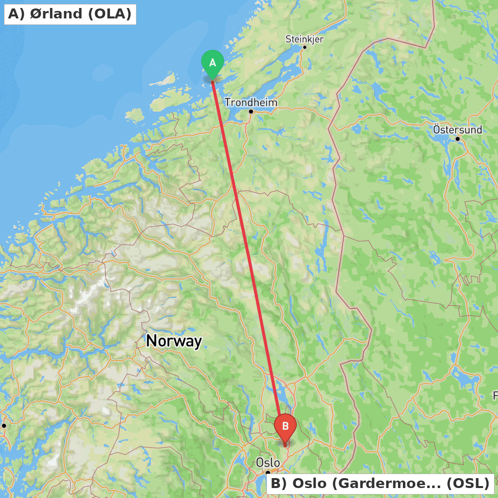Flight route map from Ørland to Oslo (Gardermoen)