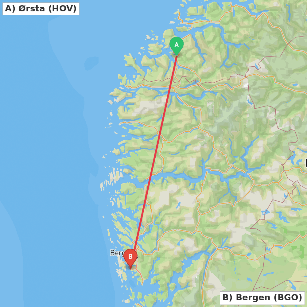 Flight route map from Ørsta to Bergen