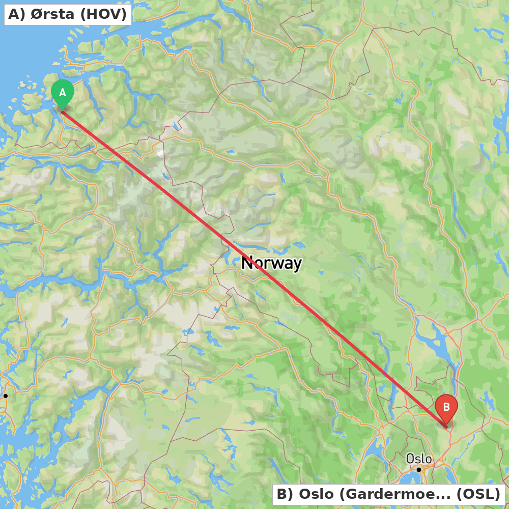 Flight route map from Ørsta to Oslo (Gardermoen)