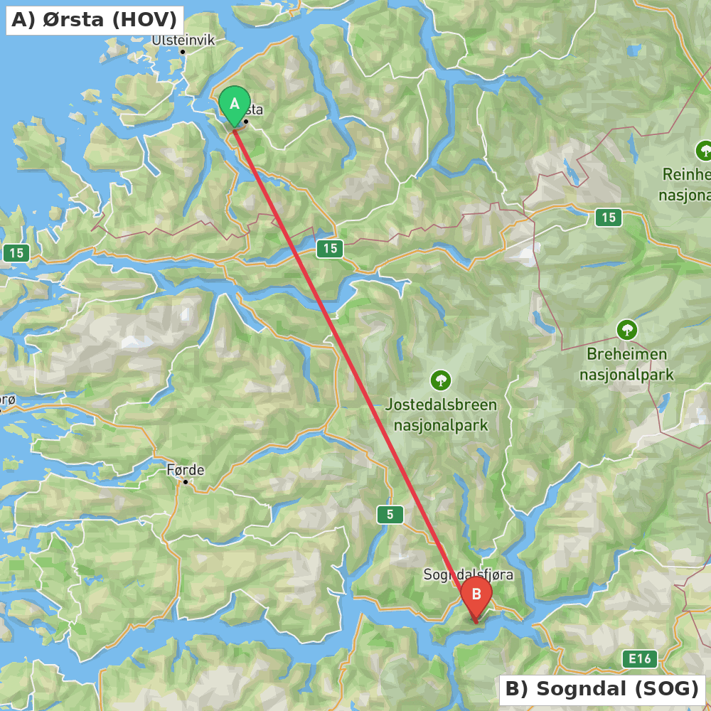Flight route map from Ørsta to Sogndal