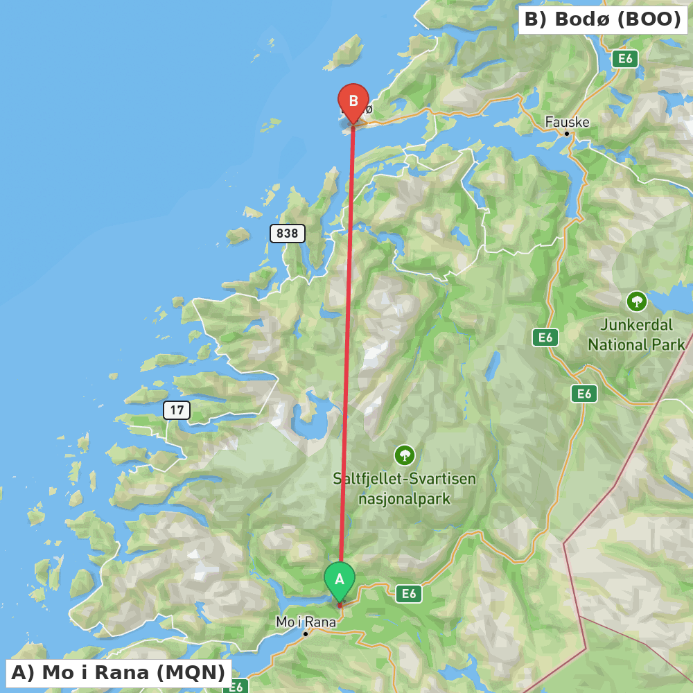 Flight route map from Mo i Rana to Bodø