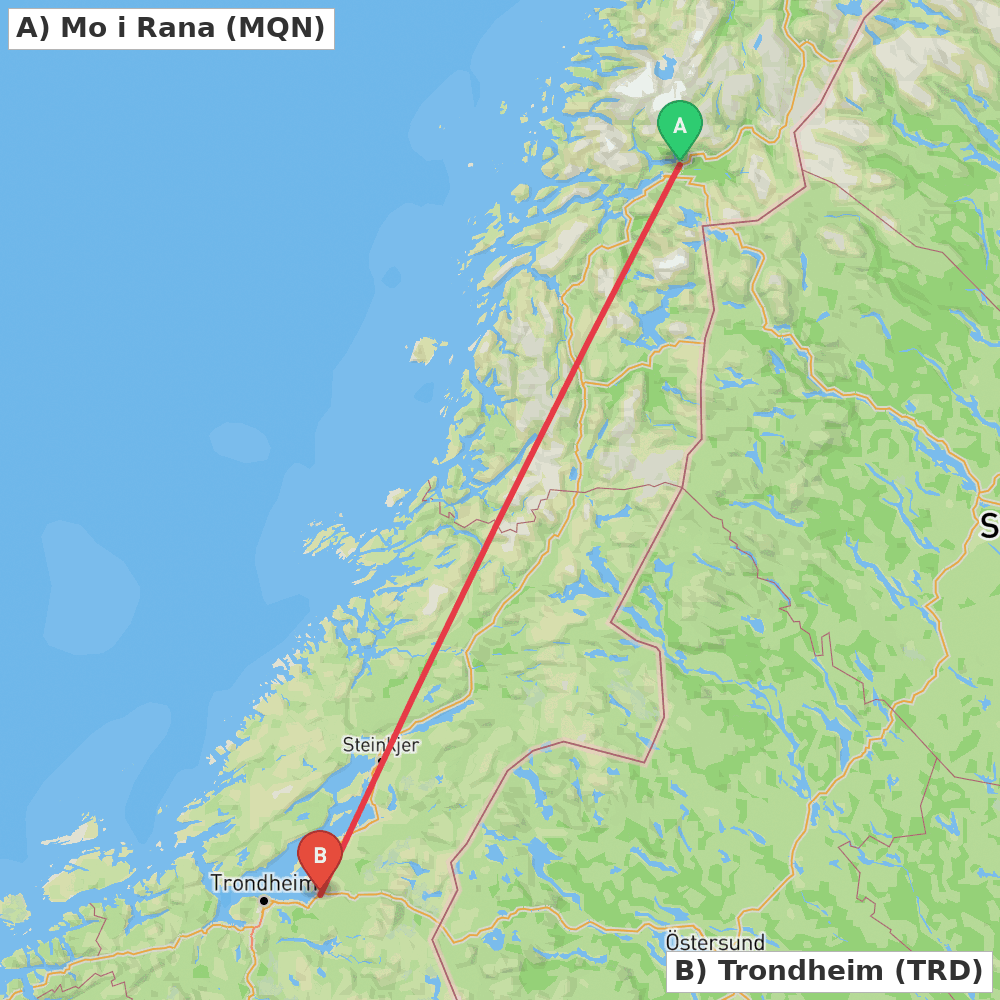Flight route map from Mo i Rana to Trondheim