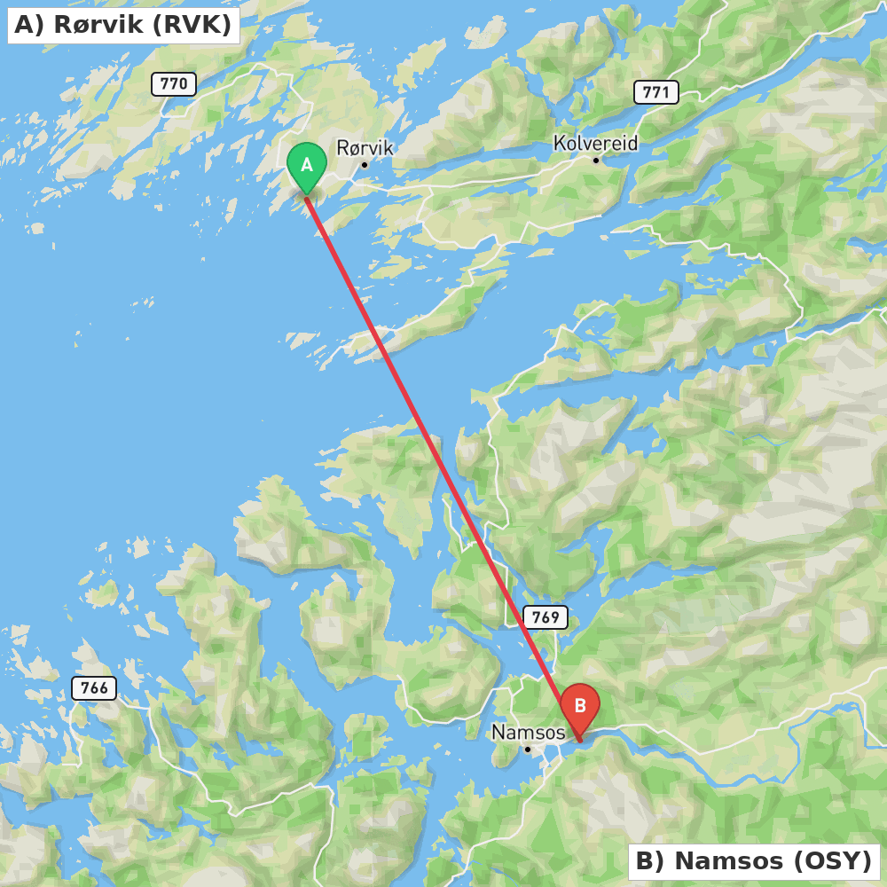 Flight route map from Rørvik to Namsos