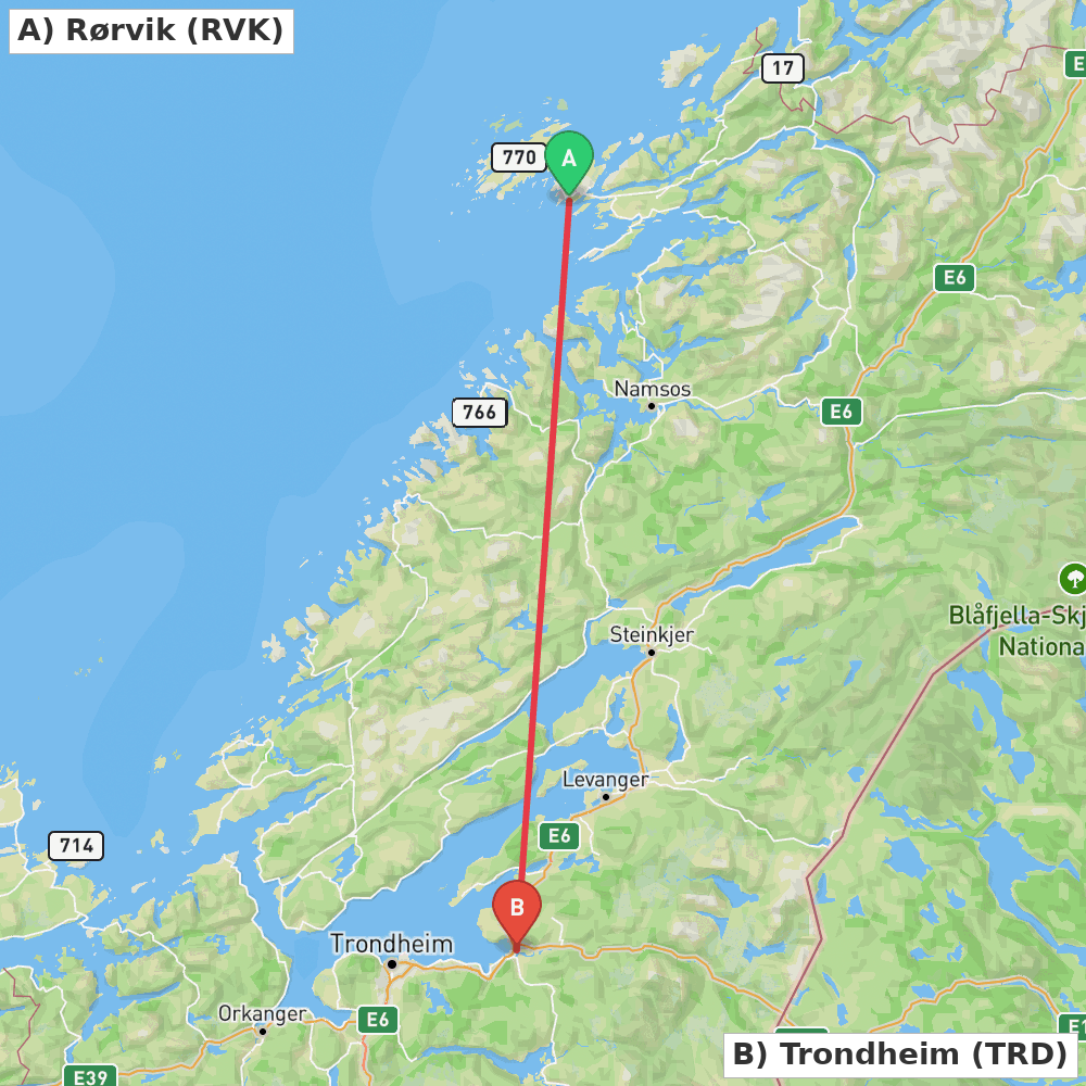 Flight route map from Rørvik to Trondheim
