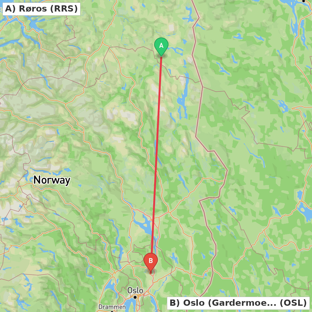 Flight route map from Røros to Oslo (Gardermoen)