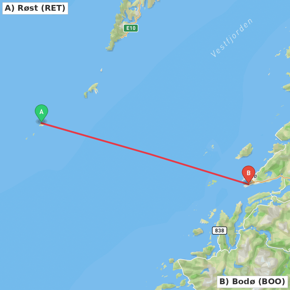 Flight route map from Røst to Bodø