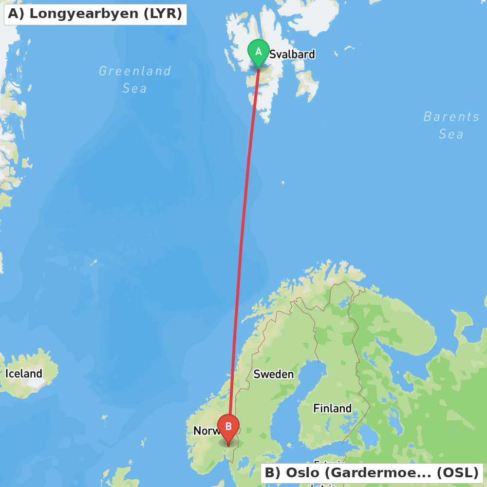 Flight route map from Longyearbyen to Oslo (Gardermoen)