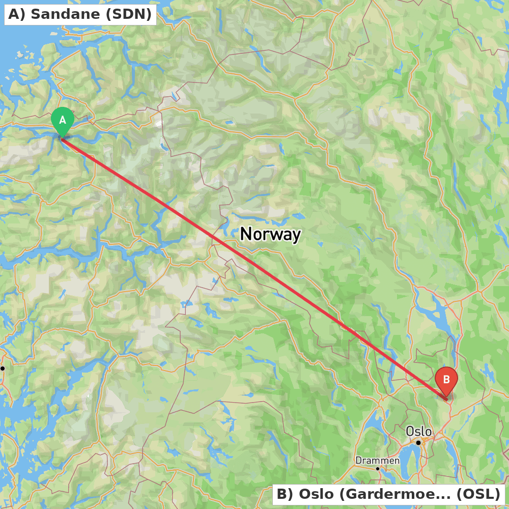 Flight route map from Sandane to Oslo (Gardermoen)