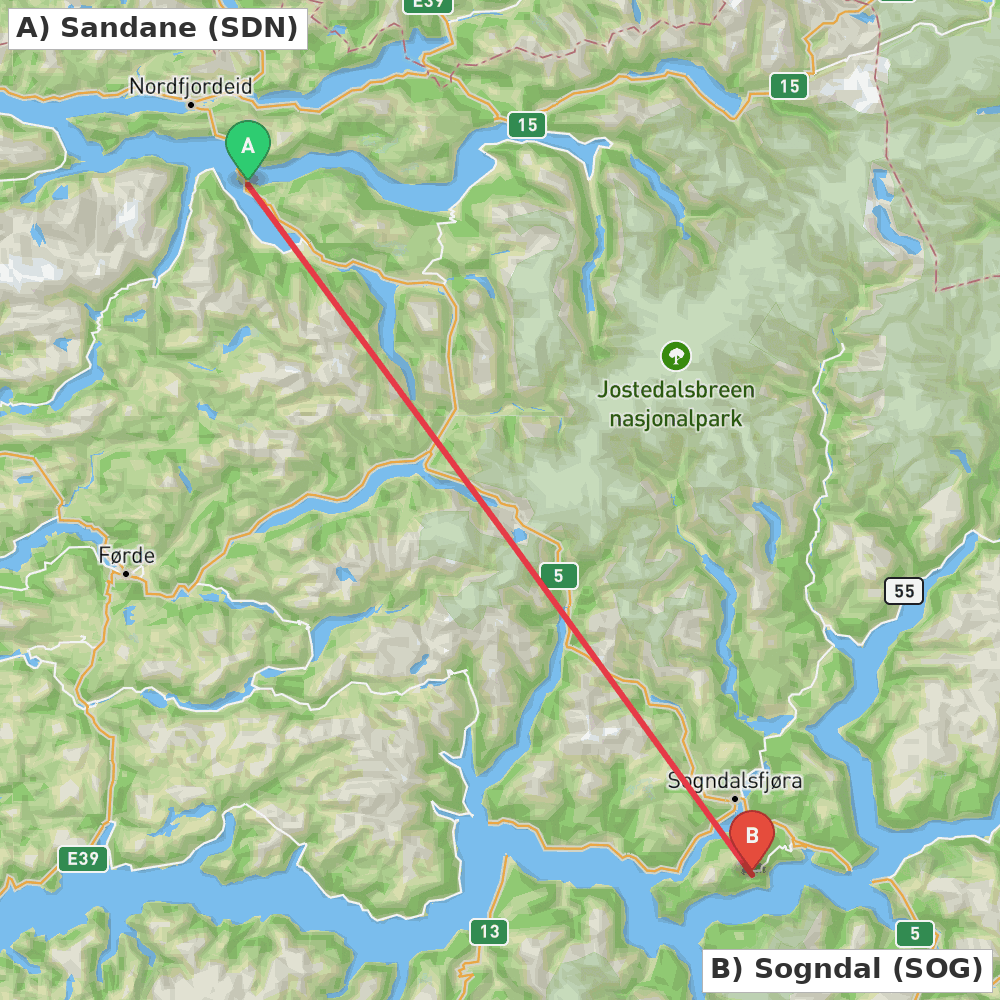 Flight route map from Sandane to Sogndal