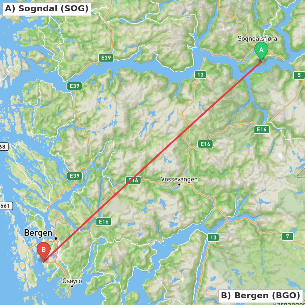Flight route map from Sogndal to Bergen