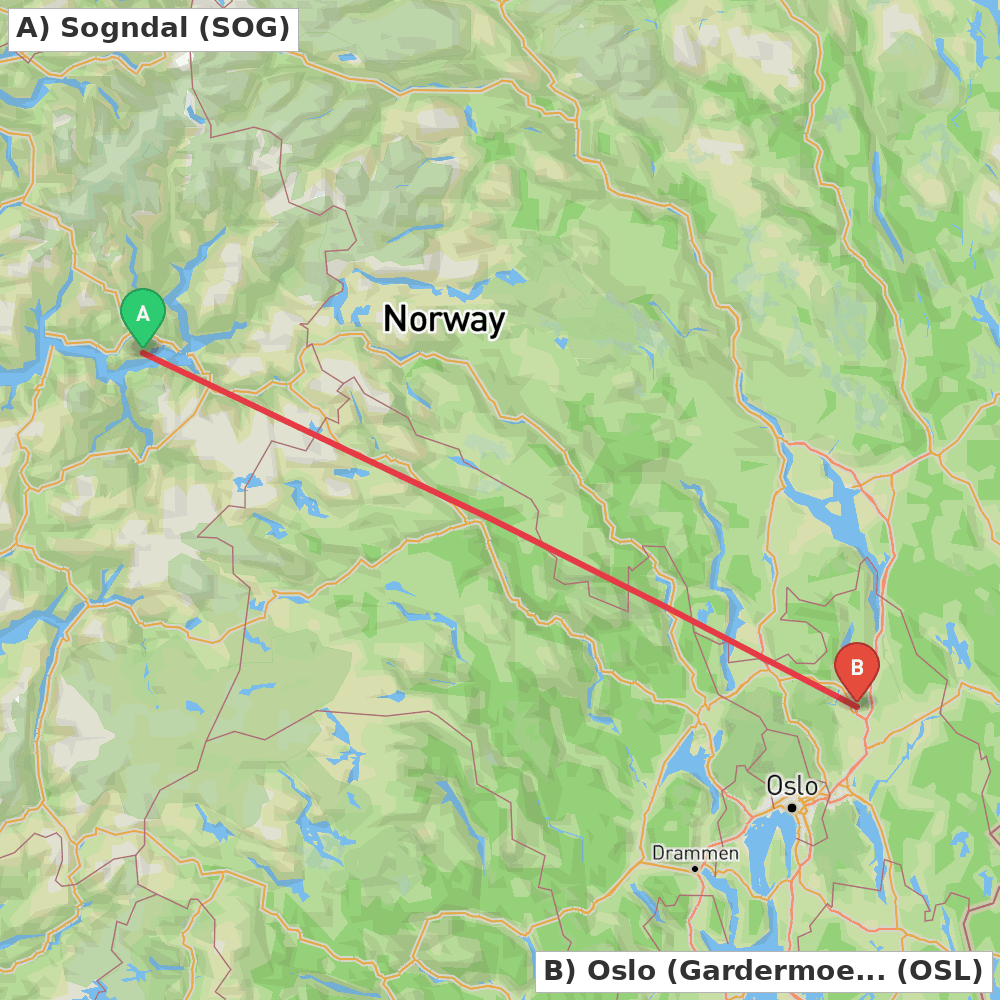 Flight route map from Sogndal to Oslo (Gardermoen)