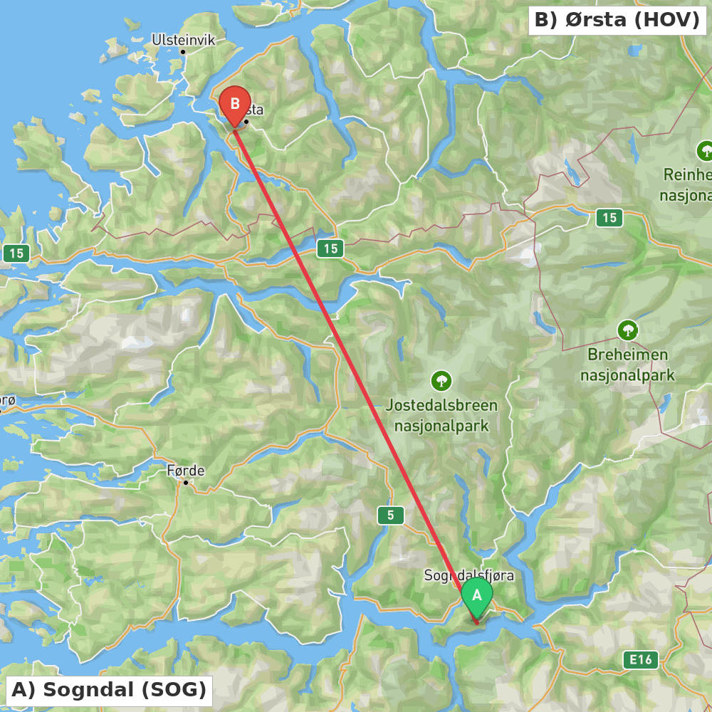 Flight route map from Sogndal to Ørsta