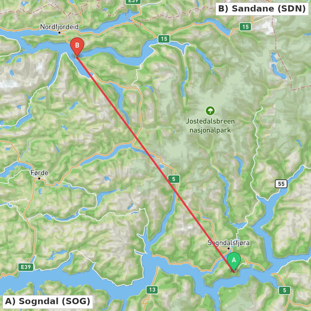 Flight route map from Sogndal to Sandane