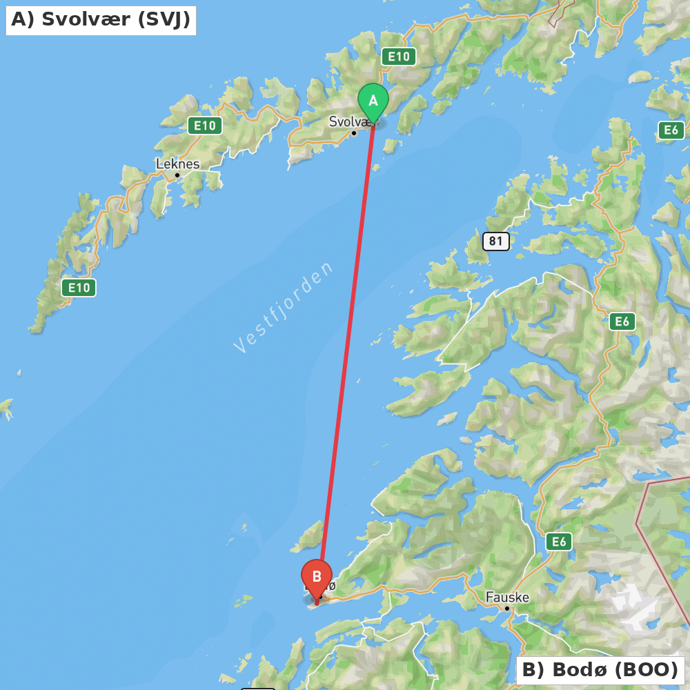 Flight route map from Svolvær to Bodø