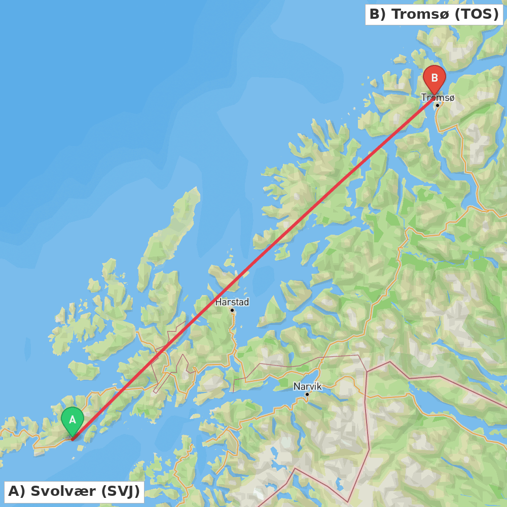 Flight route map from Svolvær to Tromsø