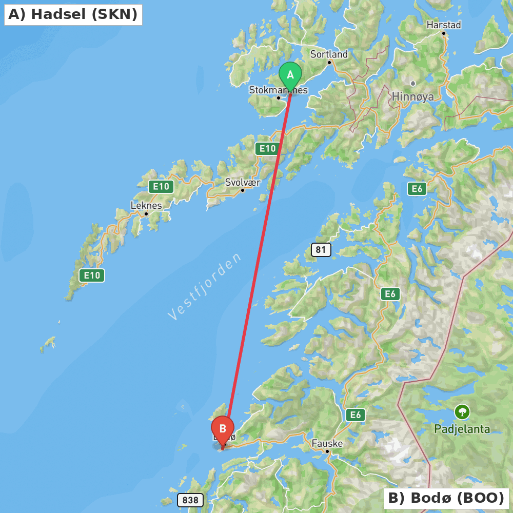Flight route map from Hadsel to Bodø