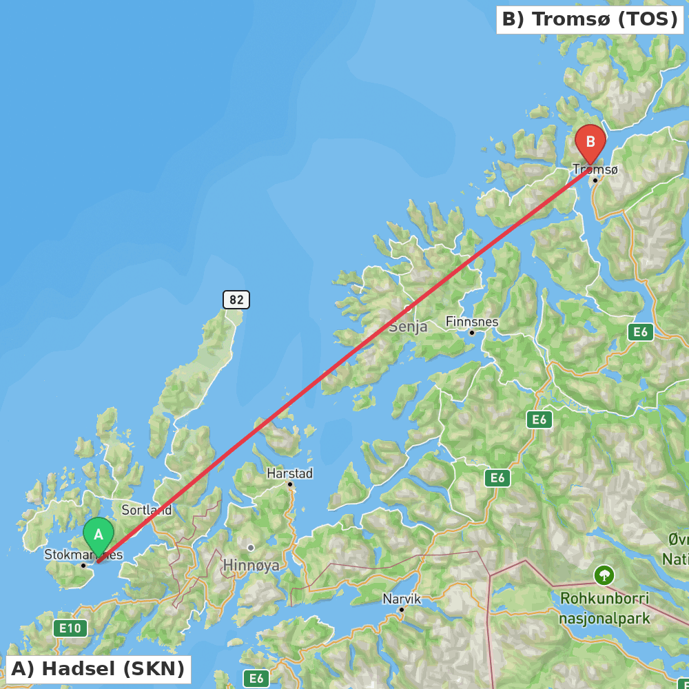 Flight route map from Hadsel to Tromsø