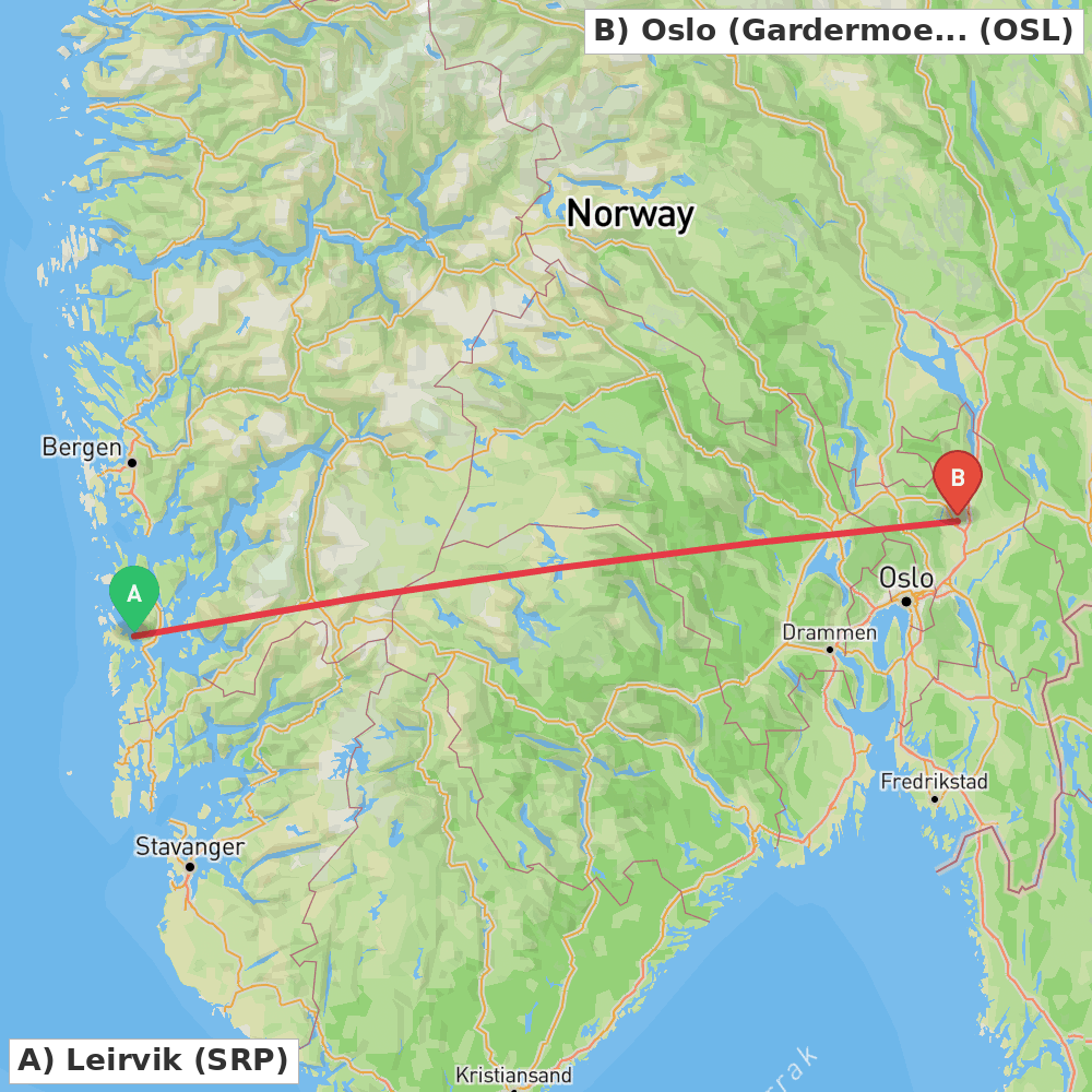 Flight route map from Leirvik to Oslo (Gardermoen)