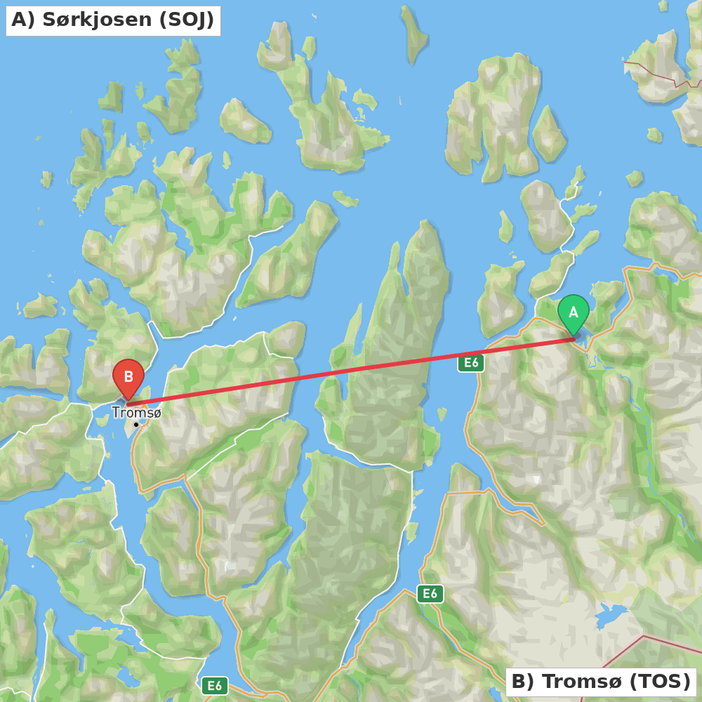 Flight route map from Sørkjosen to Tromsø