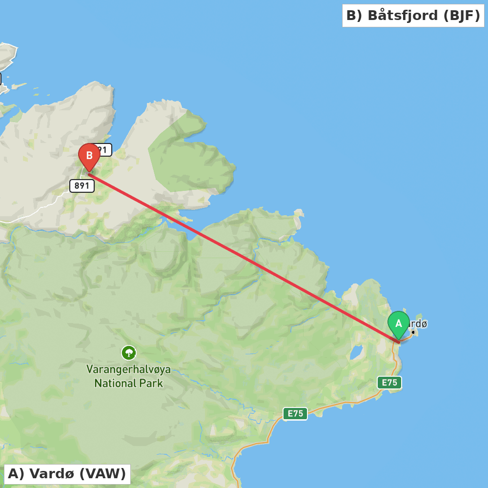Flight route map from Vardø to Båtsfjord