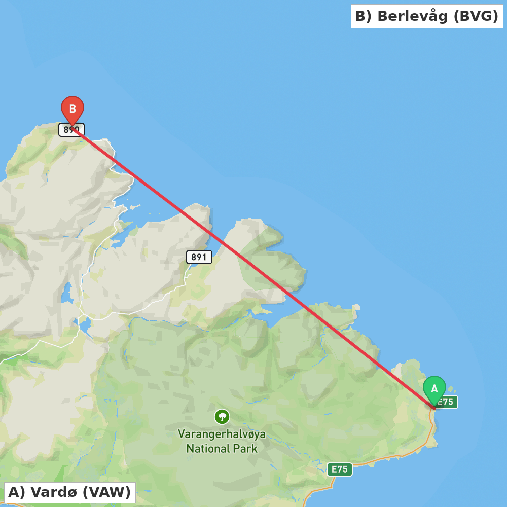 Flight route map from Vardø to Berlevåg