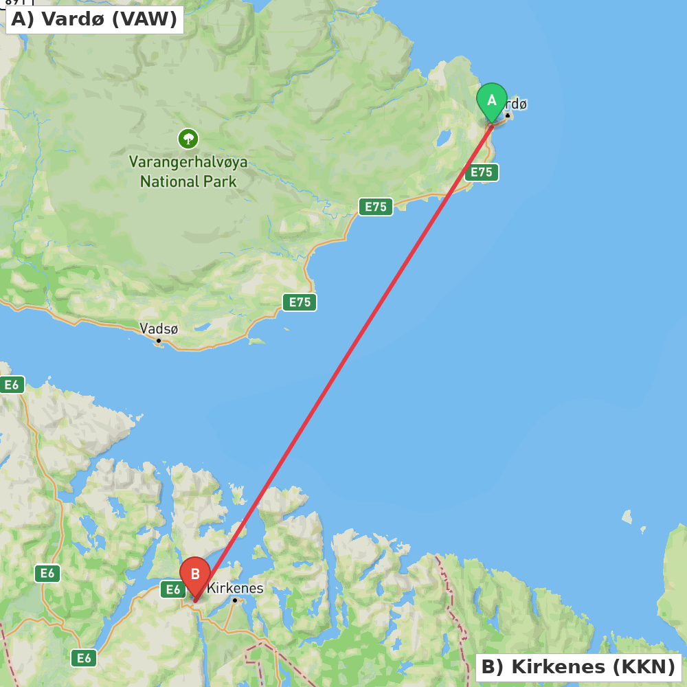 Flight route map from Vardø to Kirkenes
