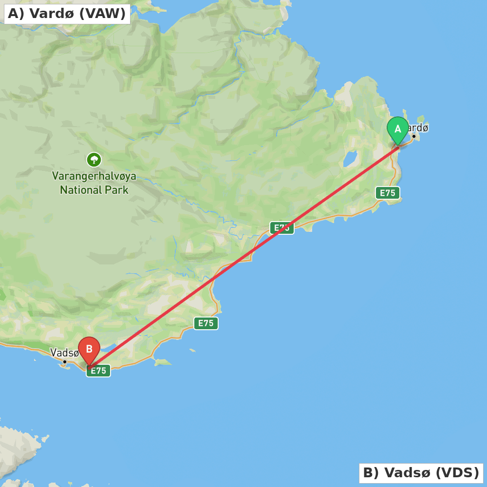Flight route map from Vardø to Vadsø