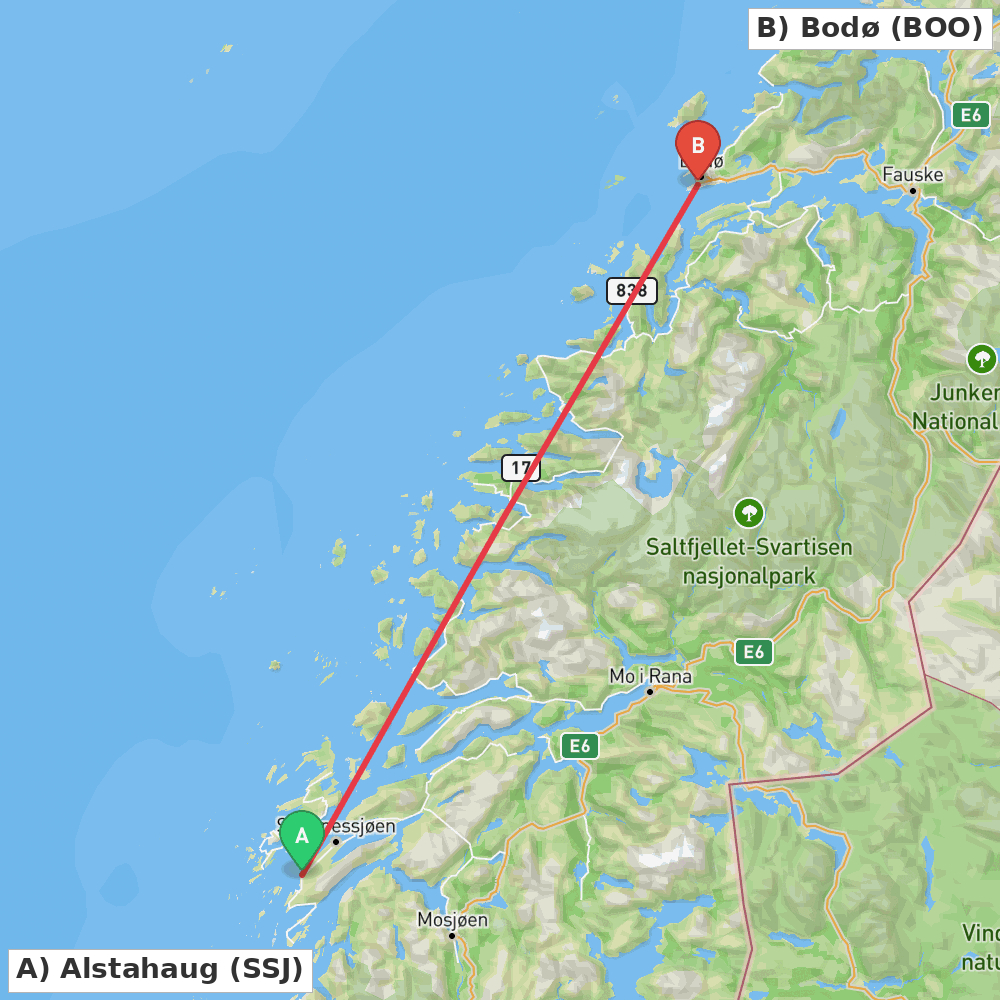Flight route map from Alstahaug to Bodø