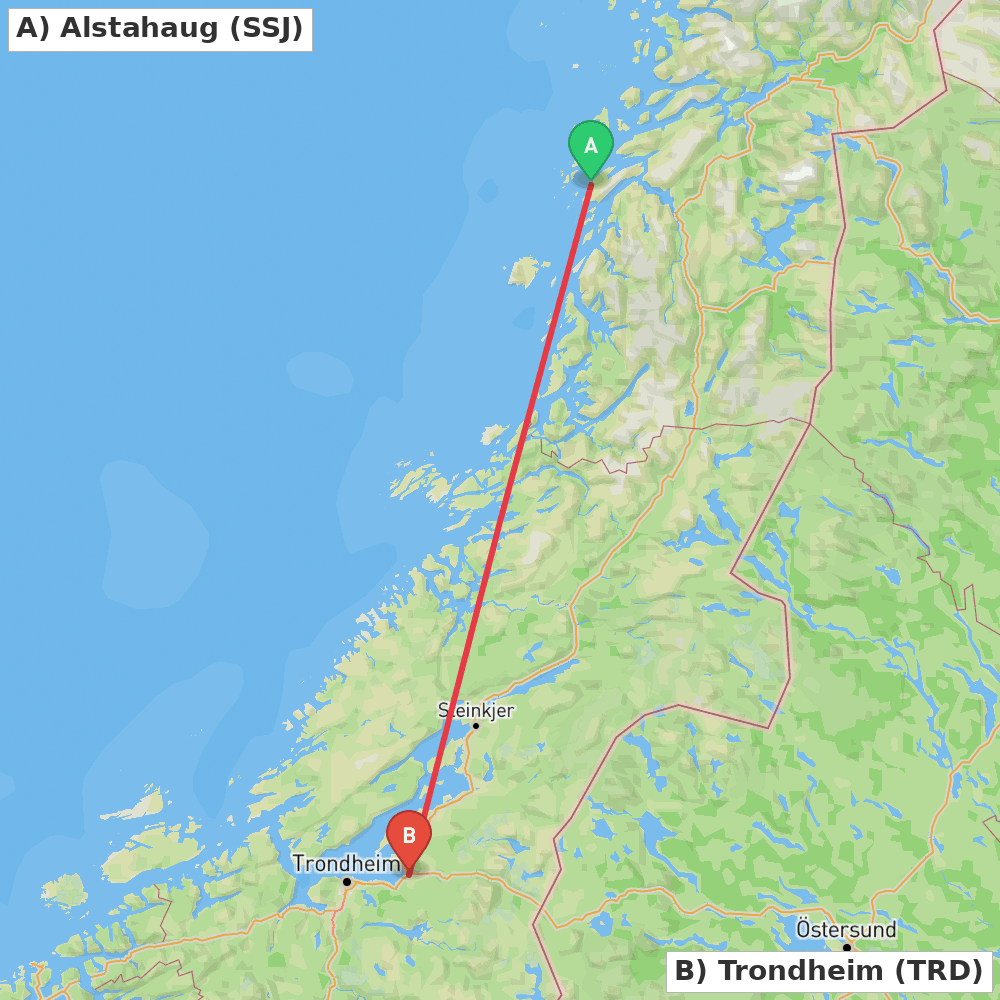 Flight route map from Alstahaug to Trondheim