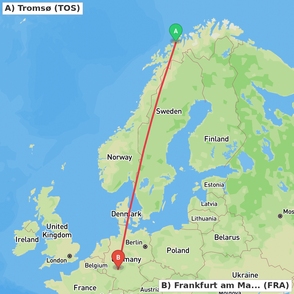 Flight route map from Tromsø to Frankfurt am Main