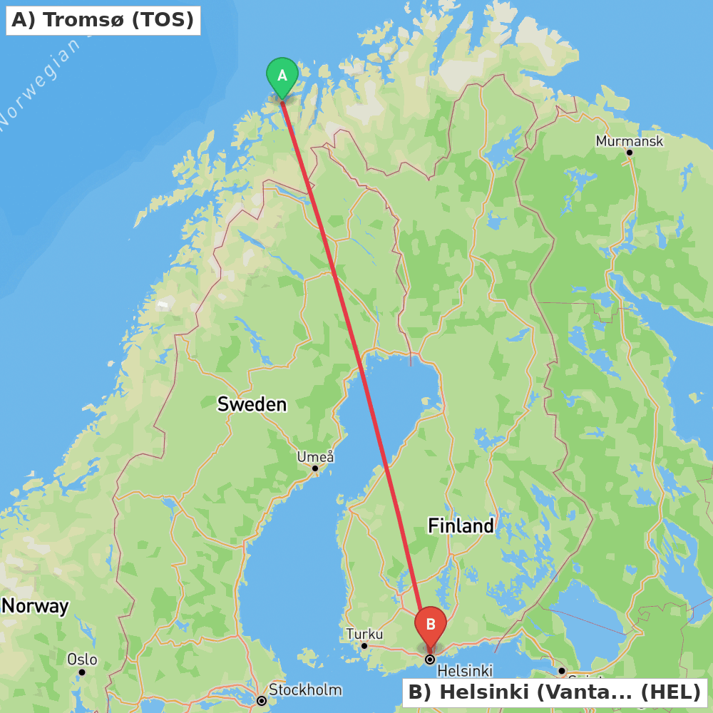 Flight route map from Tromsø to Helsinki (Vantaa)
