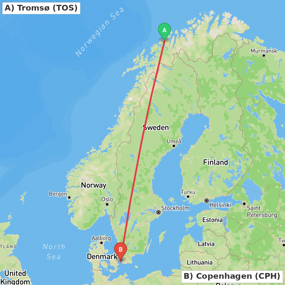 Flight route map from Tromsø to Copenhagen
