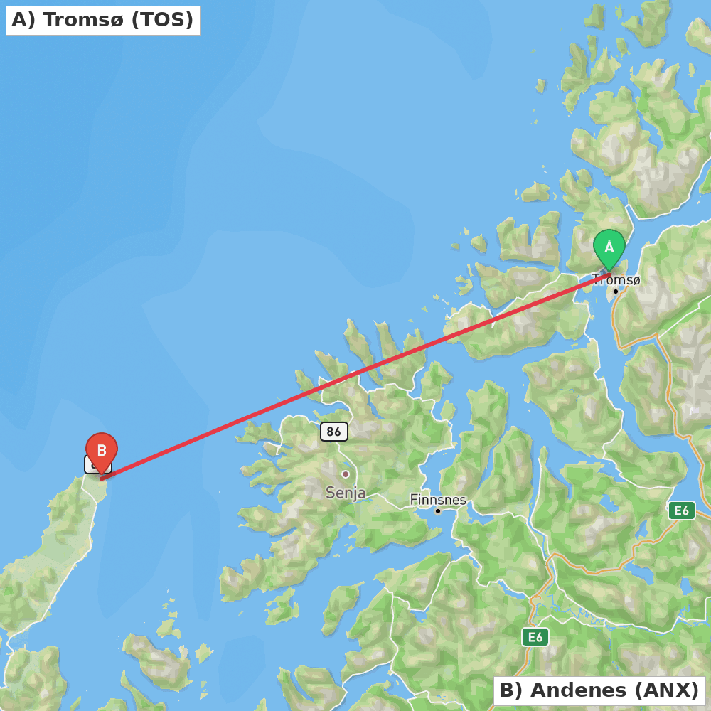 Flight route map from Tromsø to Andenes