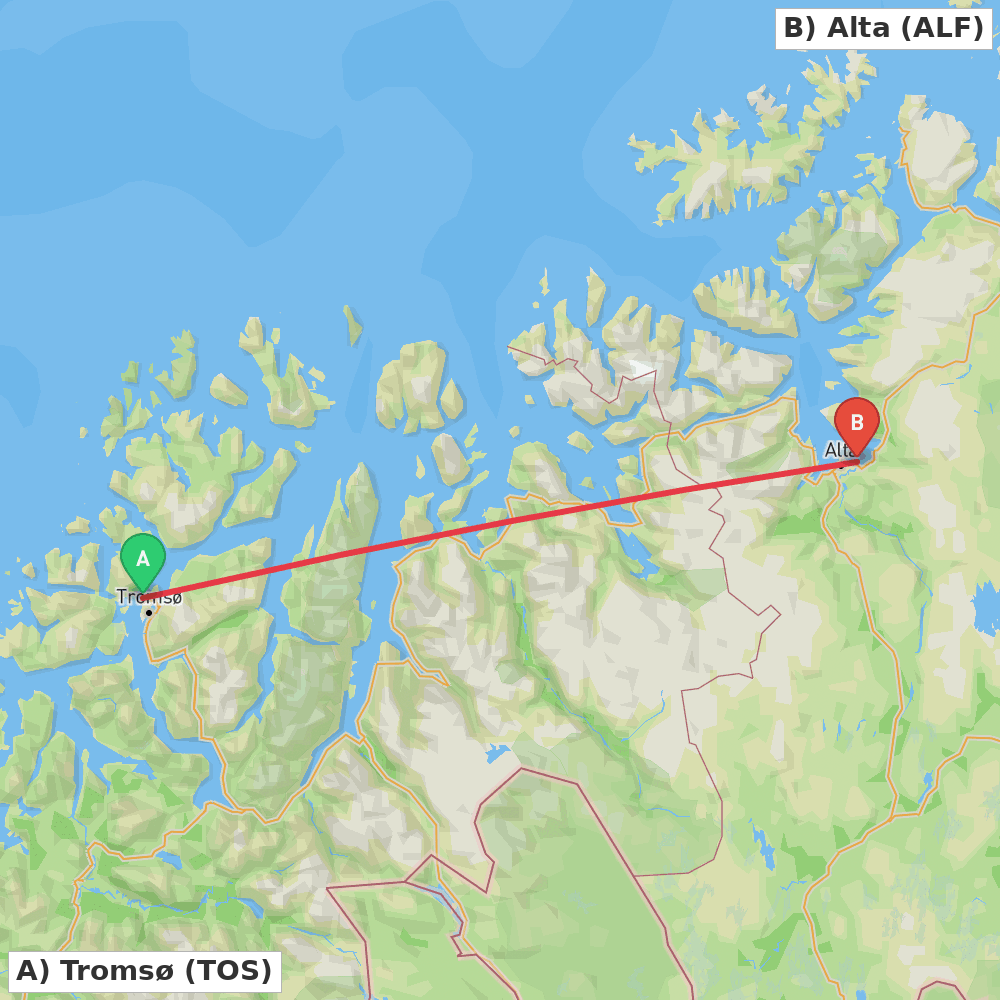 Flight route map from Tromsø to Alta
