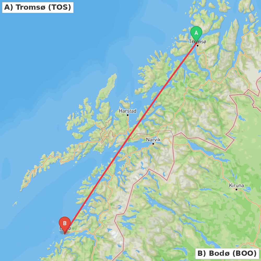 Flight route map from Tromsø to Bodø