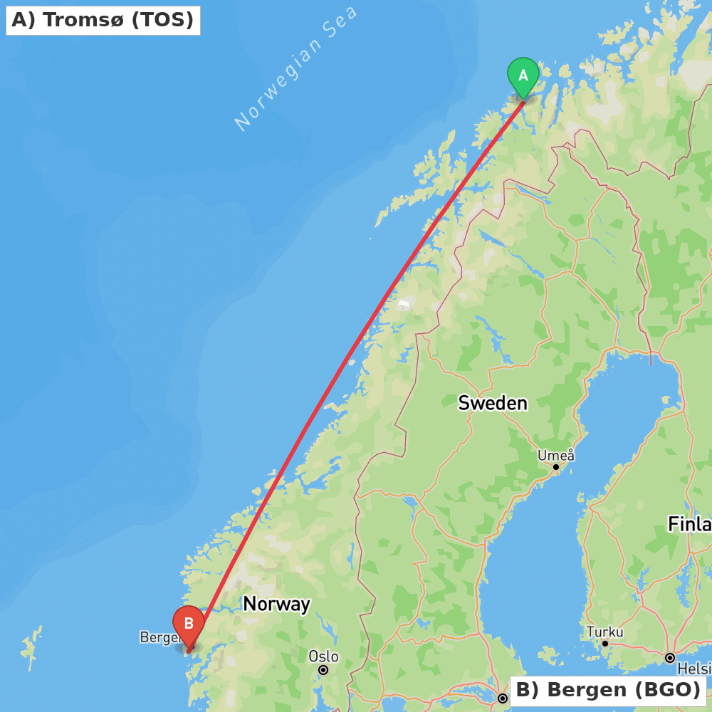 Flight route map from Tromsø to Bergen