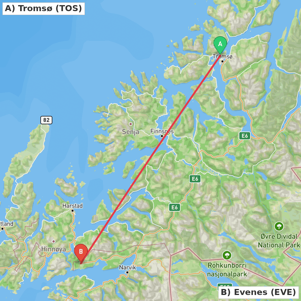 Flight route map from Tromsø to Evenes