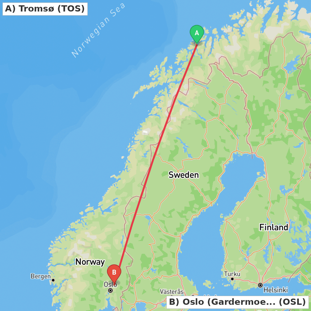 Flight route map from Tromsø to Oslo (Gardermoen)
