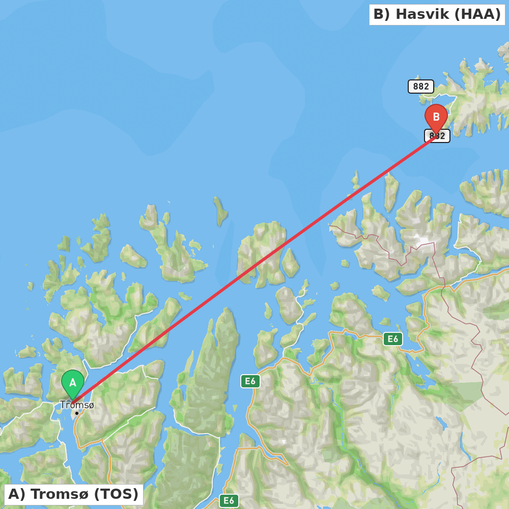 Flight route map from Tromsø to Hasvik