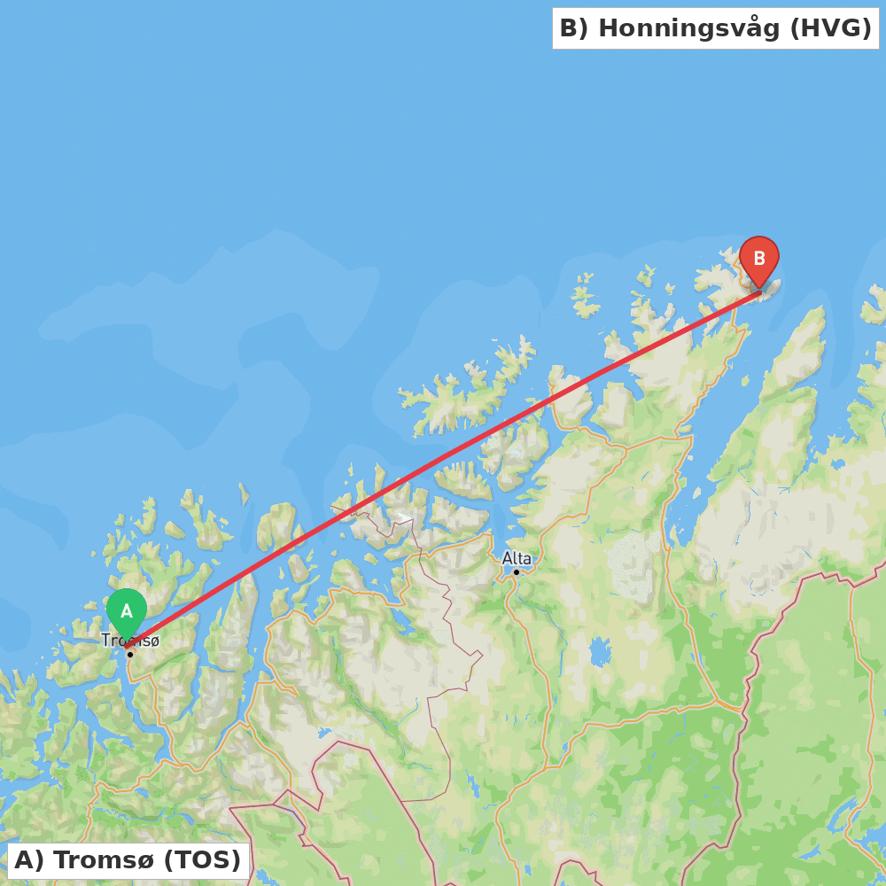 Flight route map from Tromsø to Honningsvåg