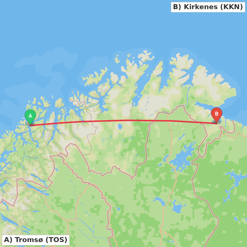 Flight route map from Tromsø to Kirkenes