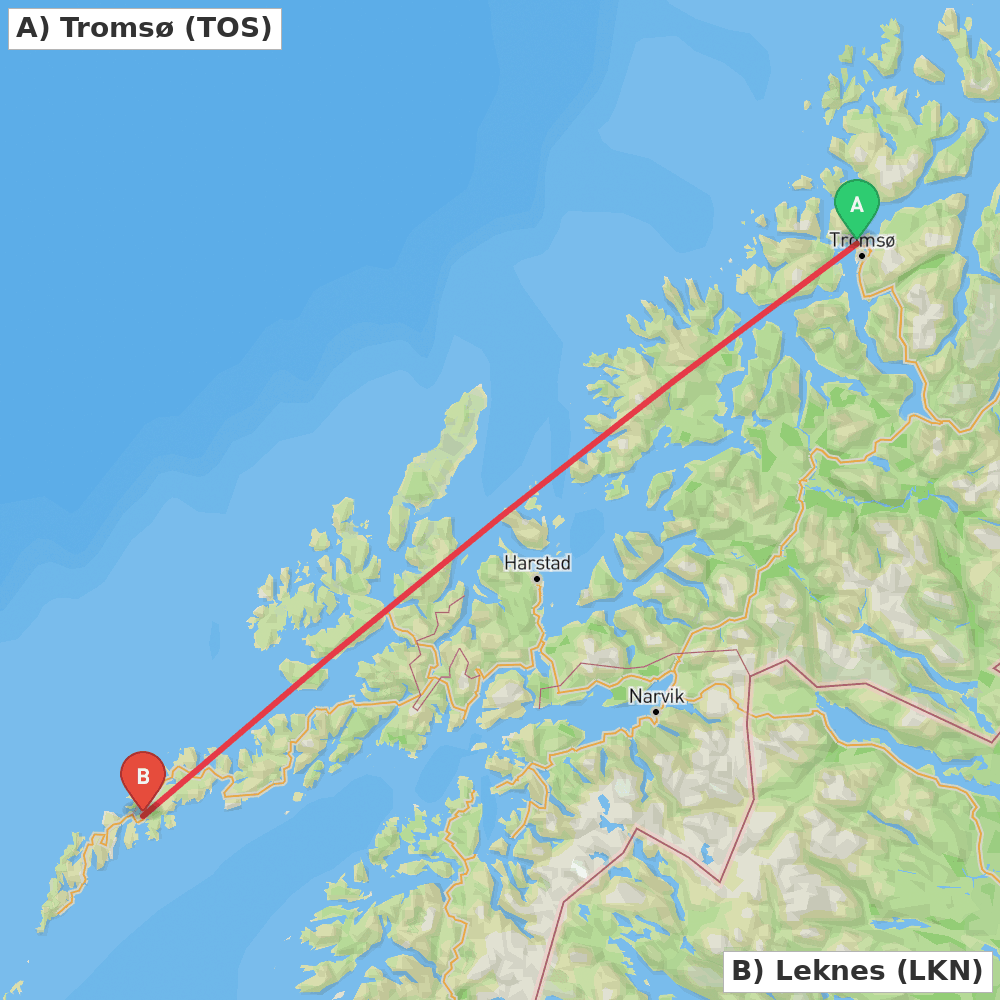 Flight route map from Tromsø to Leknes