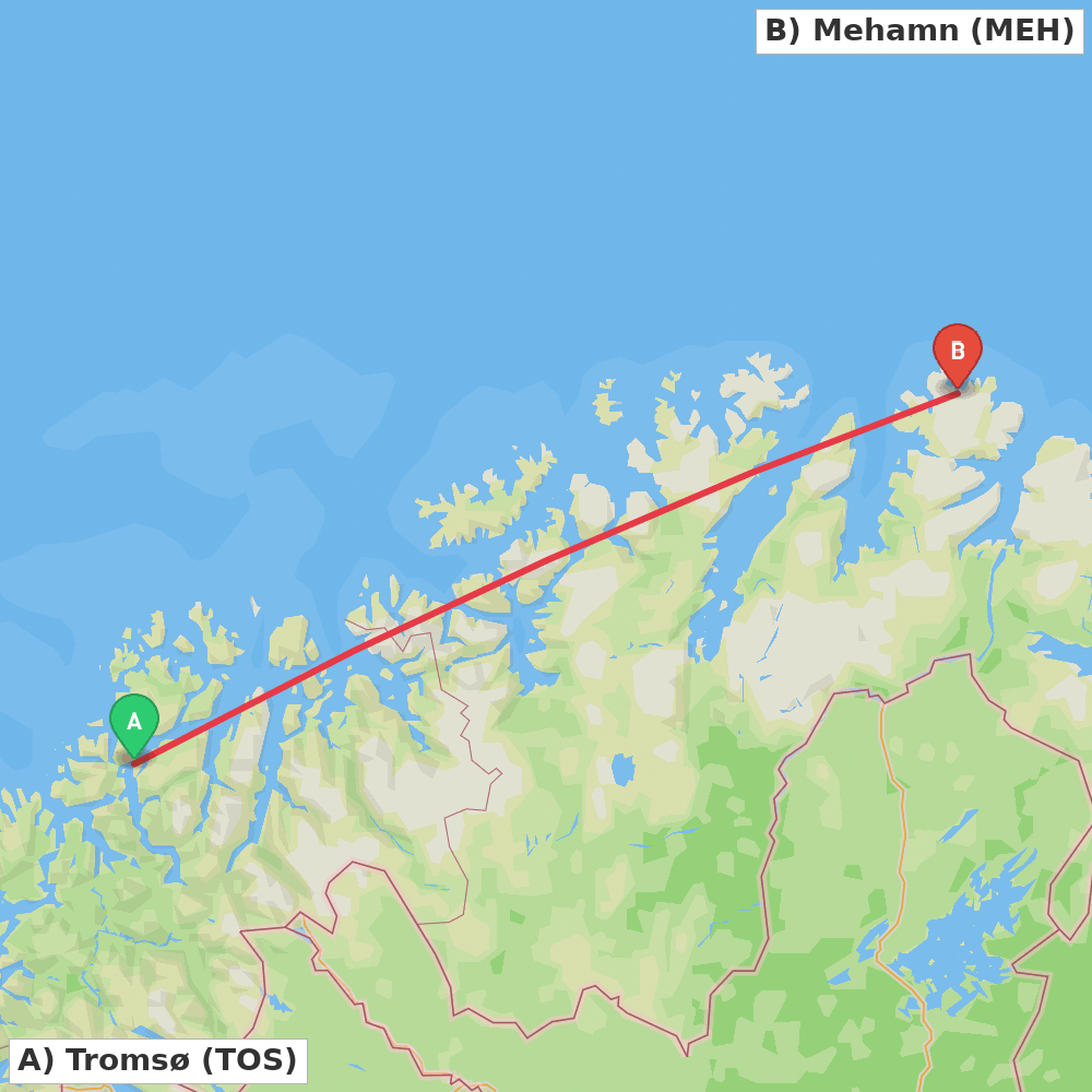 Flight route map from Tromsø to Mehamn