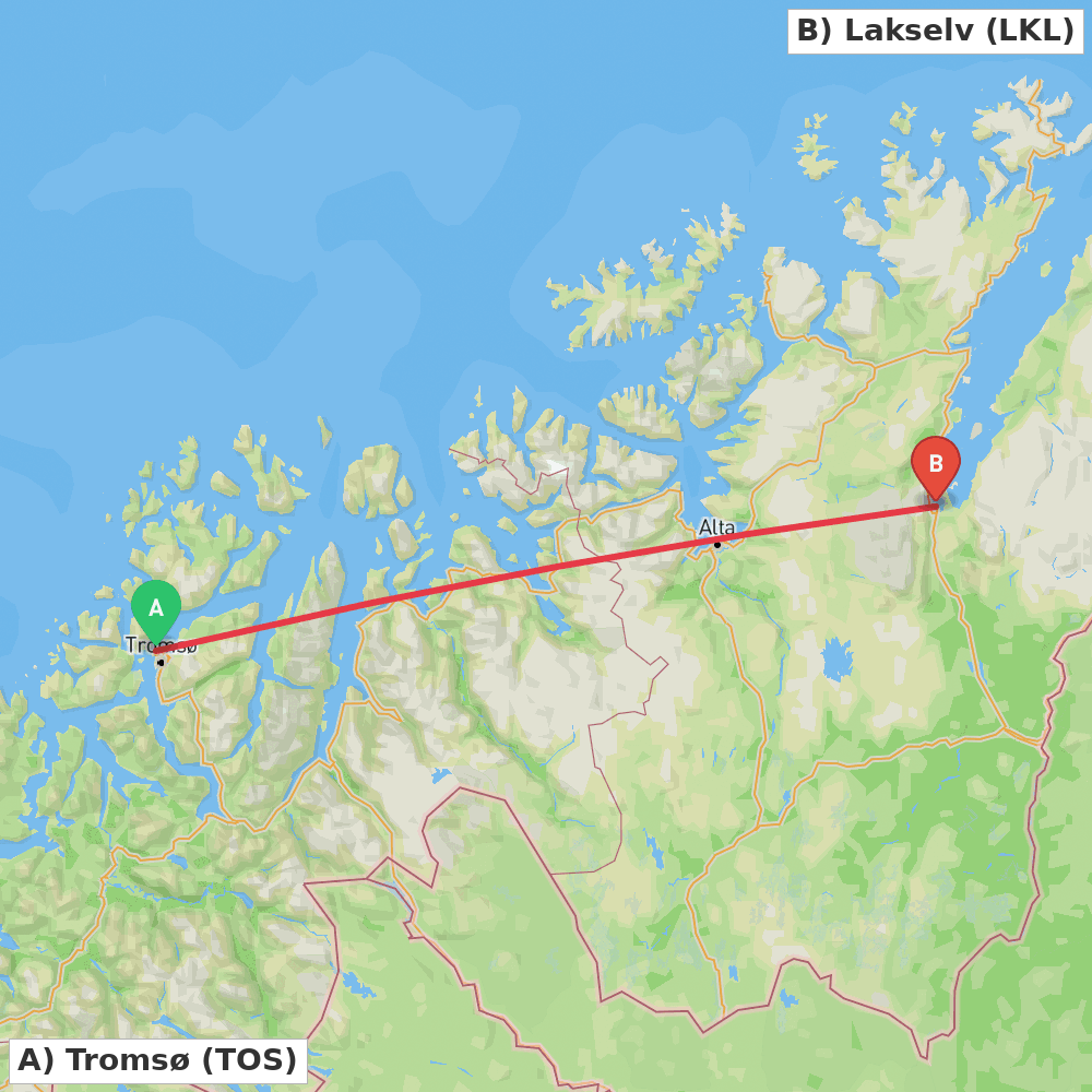 Flight route map from Tromsø to Lakselv