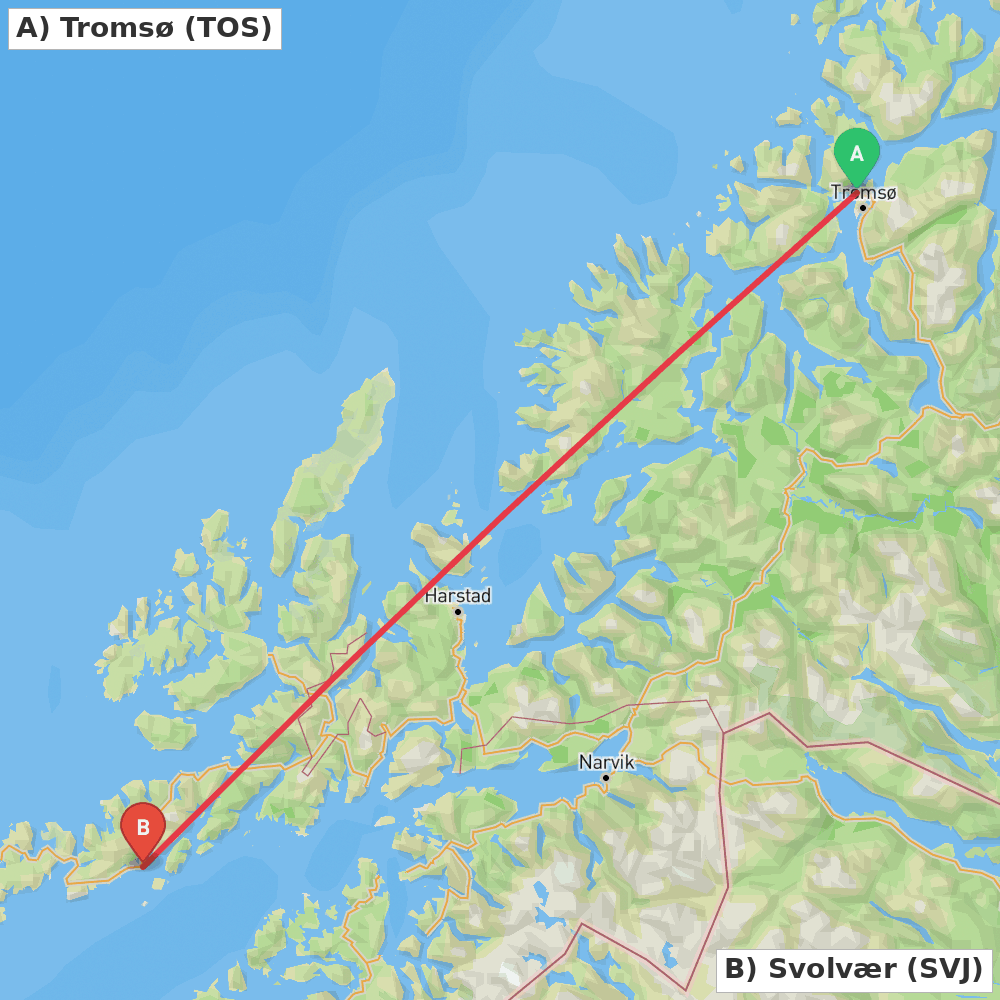 Flight route map from Tromsø to Svolvær